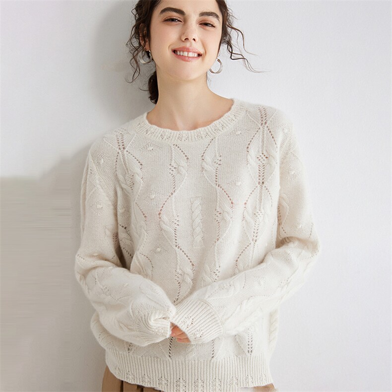 灯笼袖圆领绞花加厚羊绒衫秋冬新款时尚针织衫羊绒，女装羊绒衫，旭日羊绒