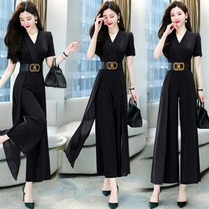 职业连体裤女2024夏季新款时尚高端名媛气质女神范收腰显瘦阔腿裤，女装连体裤，卡杰菲