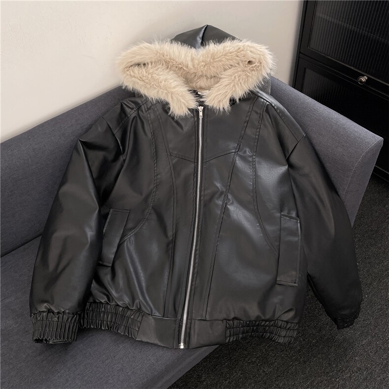 加绒加厚冬款男女连帽棉衣扎染PU皮棉袄毛领保暖皮棉服MY94P110,男装棉衣,星座1013-1