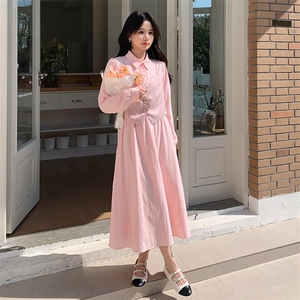 粉色马甲拼接假两件连衣裙女2025春季新款法式温柔风小个子衬衫裙图片
