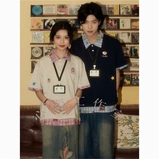 潮牌小狗刺绣拼接假两件短袖女男夏季POLO衫t恤宽松上衣，男装Polo衫，星座1210-1