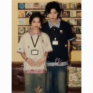 潮牌小狗刺绣拼接假两件短袖女男夏季POLO衫t恤宽松上衣图片
