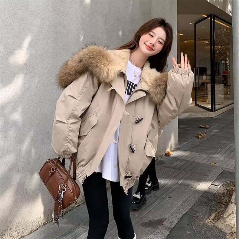 F917-P95 新款牛角扣连帽休闲大毛领棉服女美式复古派克服冬季图片