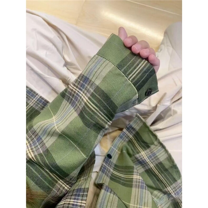 绿色格子衬衫女春秋字母刺绣休闲衬衣防晒外套美式学院风上衣,男装防晒衣,星座506A