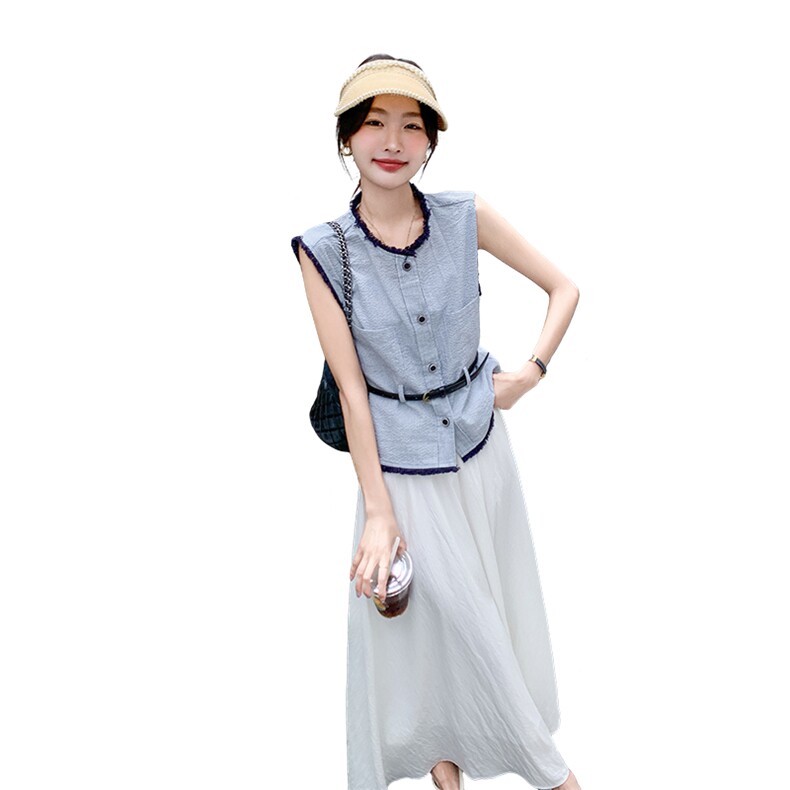 主推现货流苏拼接无袖上衣+白色半身裙套装7656-P145-K208,女装套装/套裙,2C159