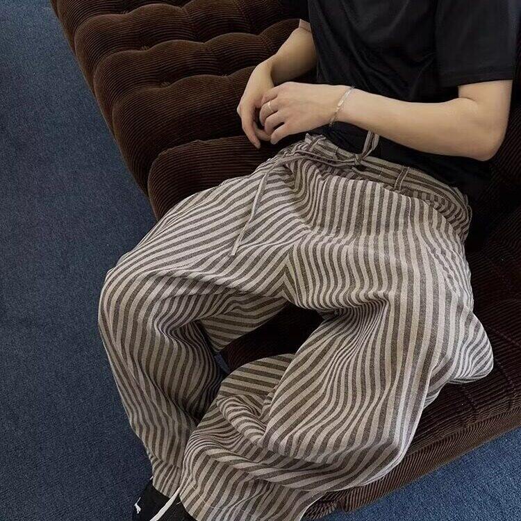 美式复古慵懒松弛竖条纹拖地裤男女港风休闲宽松百搭直筒阔腿裤图片