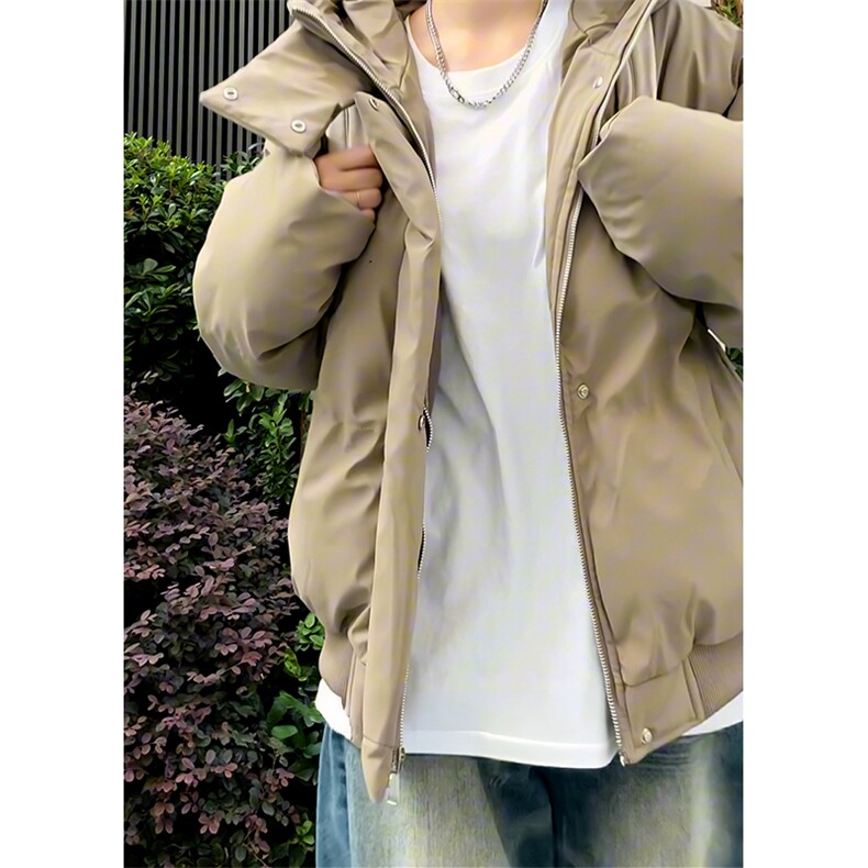 现货5W件冬季三防重磅boxy短款羽绒连帽PU皮棉衣外套防风加厚棉服，男装棉衣，电商A486