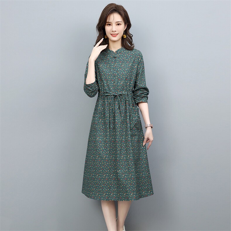 2022年春秋季新款纯棉碎花连衣裙女中长款韩版碎花a字裙子潮,女装连衣裙,忆绮罗