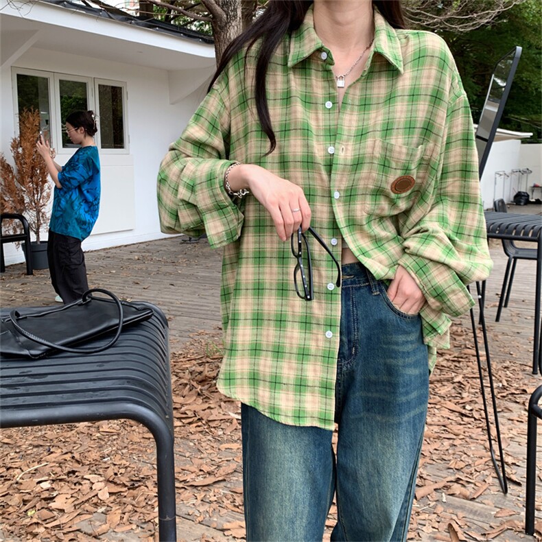 TC686-P45绿色格子衬衫外套女小众设计感上衣宽松百搭小衫早秋,女装衬衫,星座617A-2