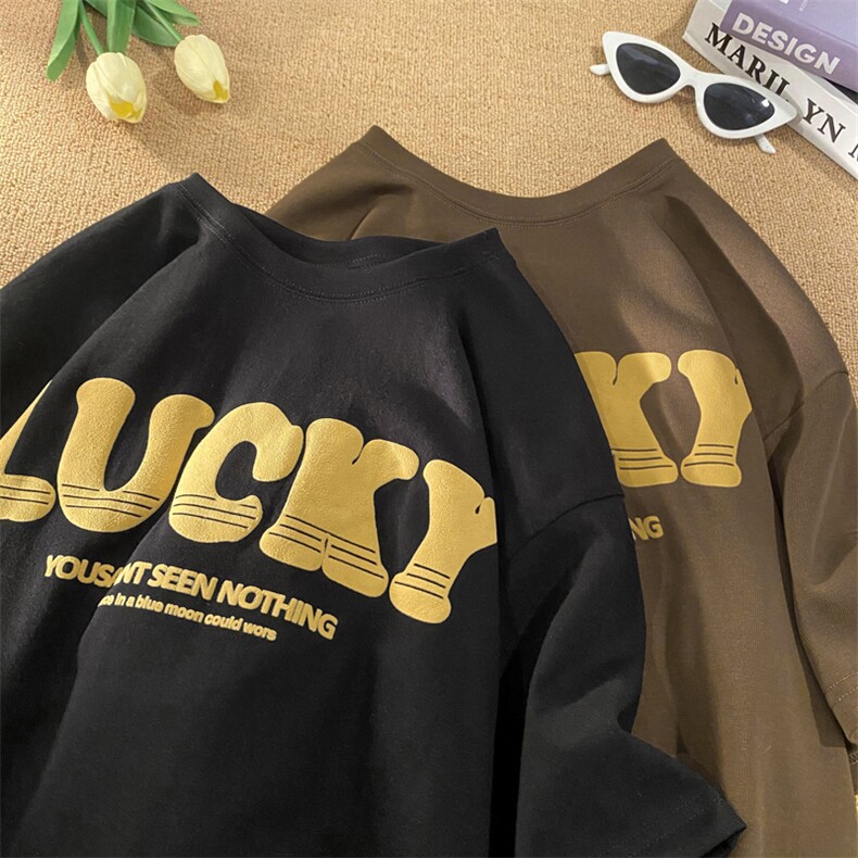 A334-TX13-28重磅260克简约LUCKY字母印花宽松圆领短袖T恤，男装T恤，电商B339(原A334）