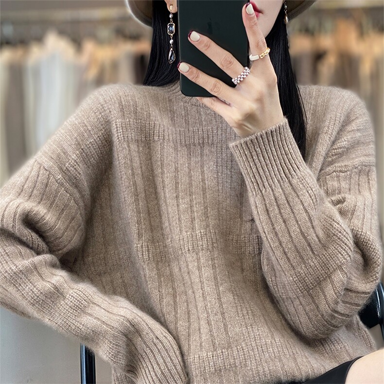 100%羊毛衫女半高领坑条加厚毛衣秋冬新款宽松慵懒羊绒针织打底衫,女装羊毛衫,宇灿羊绒