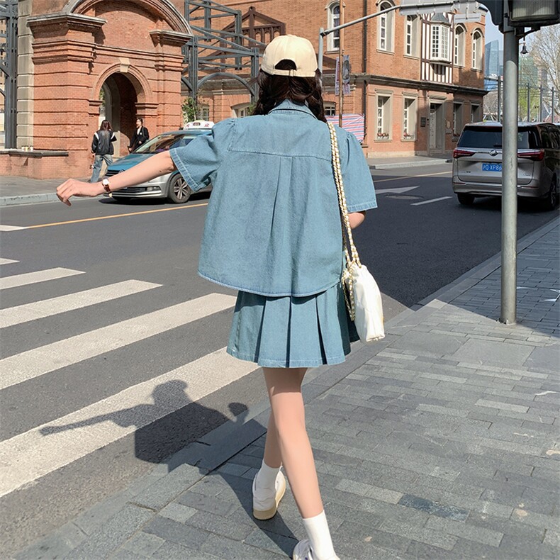 通勤休闲百搭短袖衬衫百褶裙两件套韩系穿搭纯色牛仔小个子套装女,女装套装/套裙,辉之琳