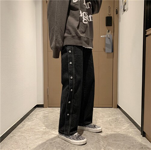 中性拖地排扣牛仔裤直筒宽松炸街阔腿裤古着感工装裤子k196-p40，男装牛仔裤，星座1008