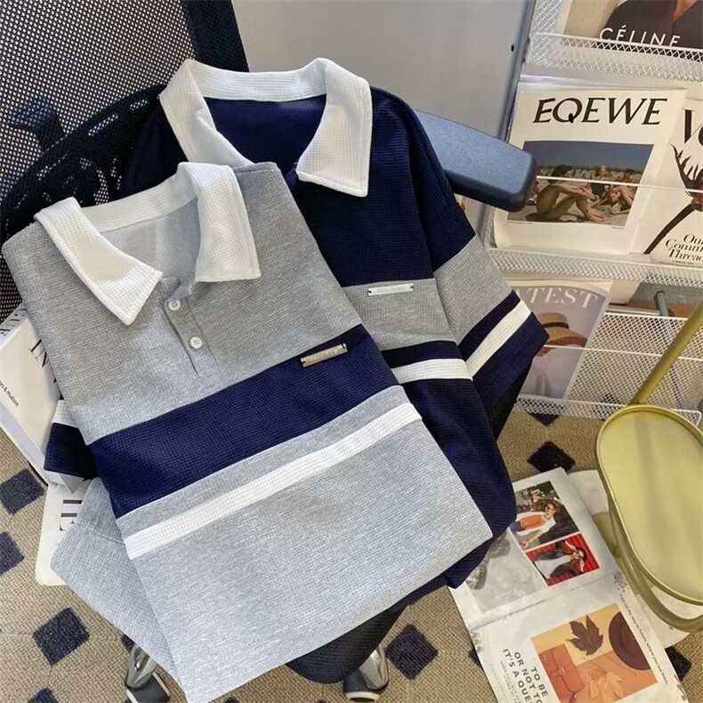 Polo衫男短袖2023夏季潮牌拼色翻领t恤学生百搭美式半袖WB090-P34,男装Polo衫,星座412-2