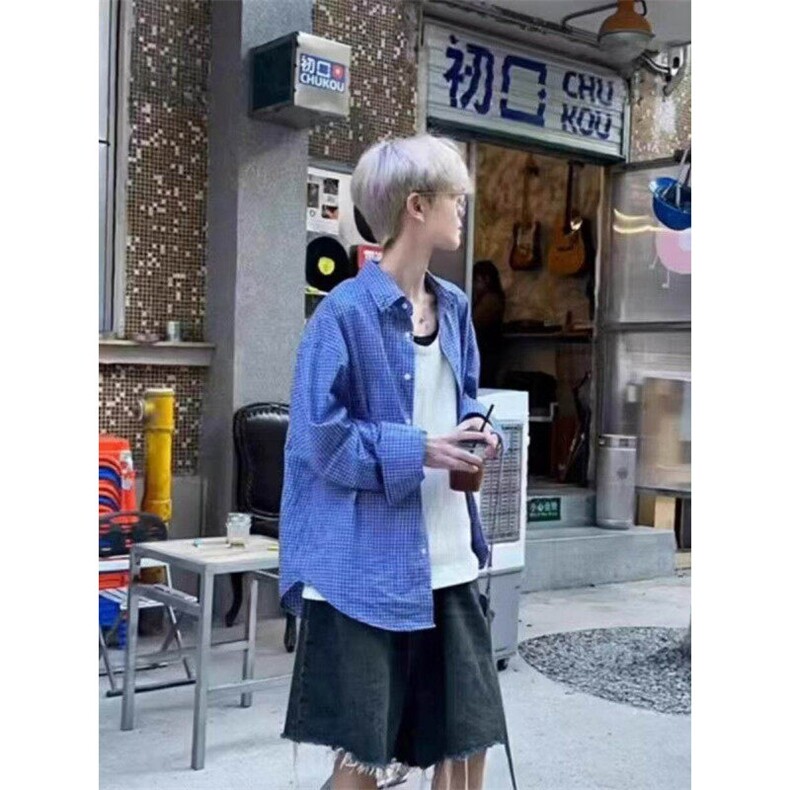 Q72/P33经典美式蓝色长袖衬衫男士宽松刺绣休闲慵懒衬衣痞帅潮,男装衬衫,星座1506