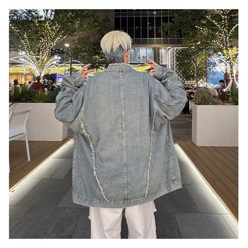 复古短款毛边廓形拉链牛仔外套男立领夹克设计感拼接上衣2213/P74,男装工装外套,星座506