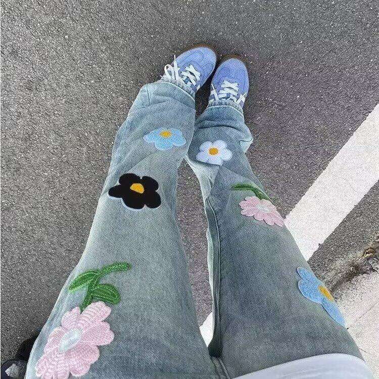 美式高街vibe风复古水洗花朵刺绣贴布牛仔裤男女微喇垂感潮流裤子图片