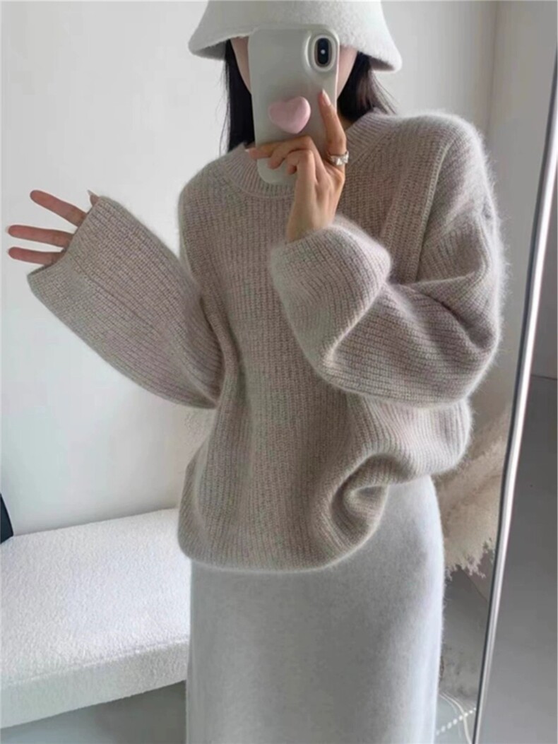 洋气百搭宽松泡泡袖页面上女秋冬圆领慵懒毛衣针织衫,女装羊毛衫,思途羊绒