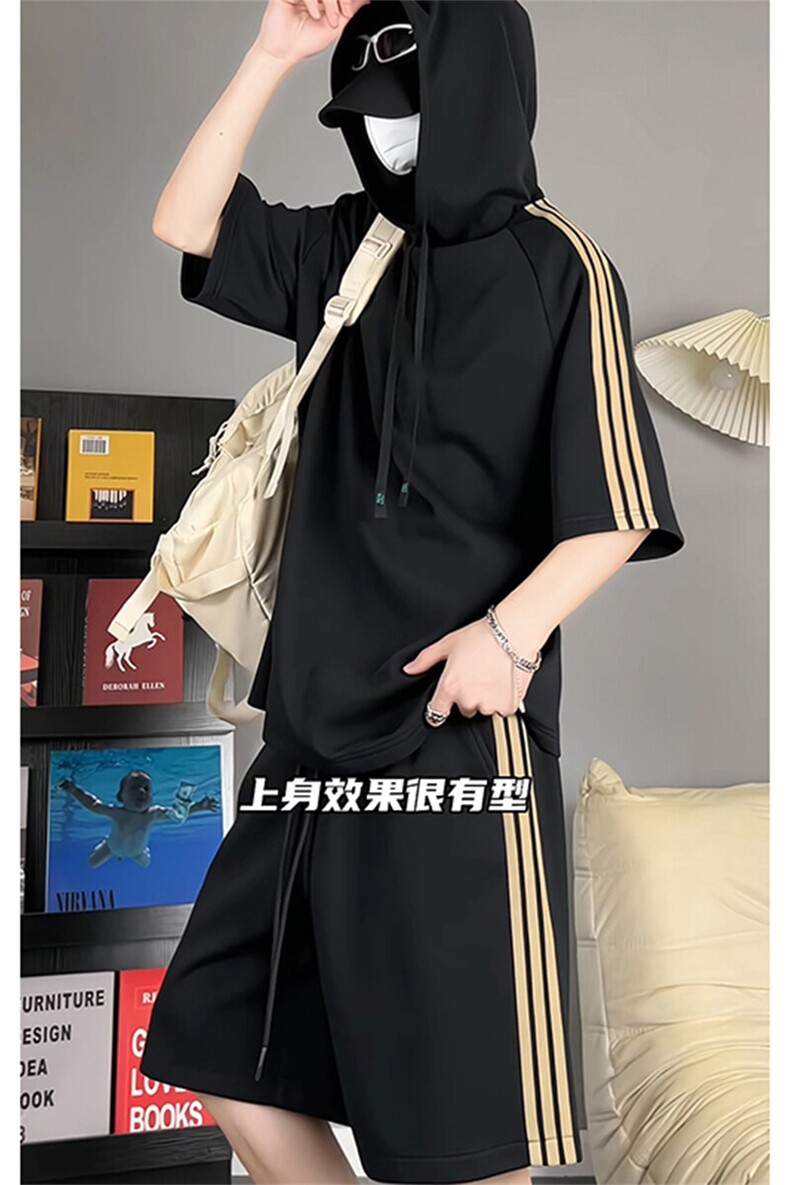 休闲运动连帽短袖套装上衣T3634特P31控59/裤子DK8608特P26控49,男装休闲套装,电商A007