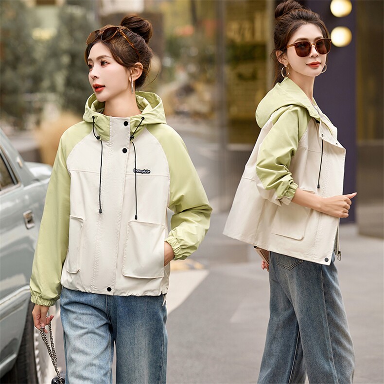 短款拼色外套女2025春秋新款小个子休闲连帽百搭显瘦夹克冲锋衣，女装风衣，涵亦佰惠