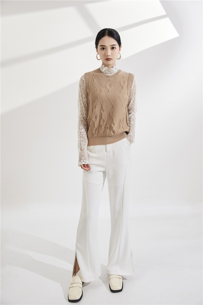 秋冬新款7针加厚不规则树叶款圆领针织马甲，女装马甲，昂家羊绒