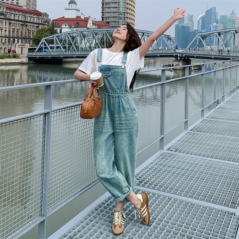 韩版学院风复古牛仔背带裤女2025夏季新款高腰显瘦减龄直筒连体裤,女装连体裤,2C087