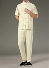 中老年亚麻套装高档唐装夏太极服中式刺绣立领短袖上衣风套装，男装中老年男装，钱塘723