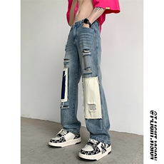 B221美式ins高街小众个性拼接宽松破洞牛仔裤LK23099-P65控88，男装牛仔裤，电商B221
