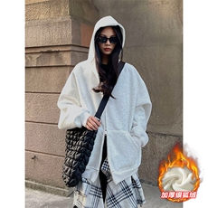 网图美式480g重磅银狐绒双拉链连帽卫衣外套男W24581J加绒-特P40，女装短外套，电商A001