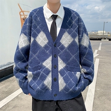 韩系复古菱格纹针织毛衣开衫学院风V领纽扣宽松外套男女M1001-P55，男装针织衫/毛衣，星座512-2