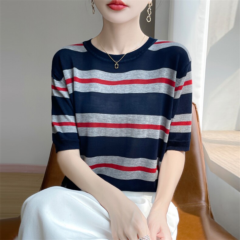 夏季新款天丝圆领条纹短袖女宽松百搭显瘦时尚休闲上衣,针织衫/毛衣,暖娇绒