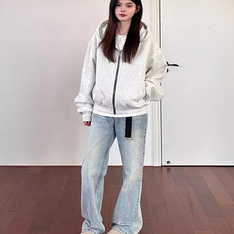 白灰色连帽女士卫衣2025新款春秋冬季新款oversize慵懒风开衫外套图片