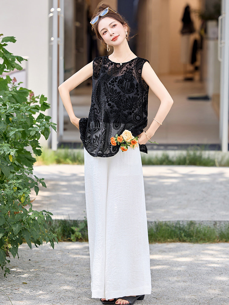 高级感丝绒提花无袖背心衬衫女2025夏新款设计感后背开叉衬衣上衣,女装套装/套裙,沁沁公主