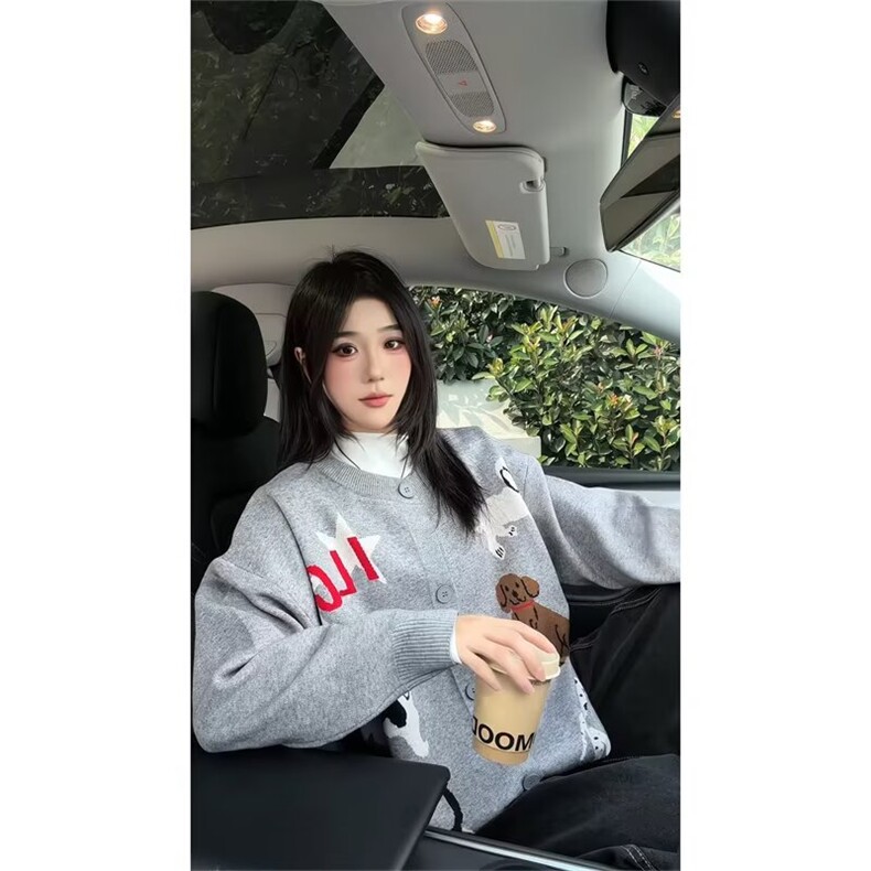 X054-P632025美式趣味小狗卡通灰色圆领针织衫开衫秋季宽松,男装针织衫/毛衣,电商B323A