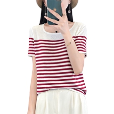 短袖t恤女2024新款条纹显瘦宽松大码女装夏季薄款冰丝针织衫上衣，女装针织衫/毛衣，萱芳婷羊绒