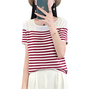 短袖t恤女2024新款条纹显瘦宽松大码女装夏季薄款冰丝针织衫上衣图片