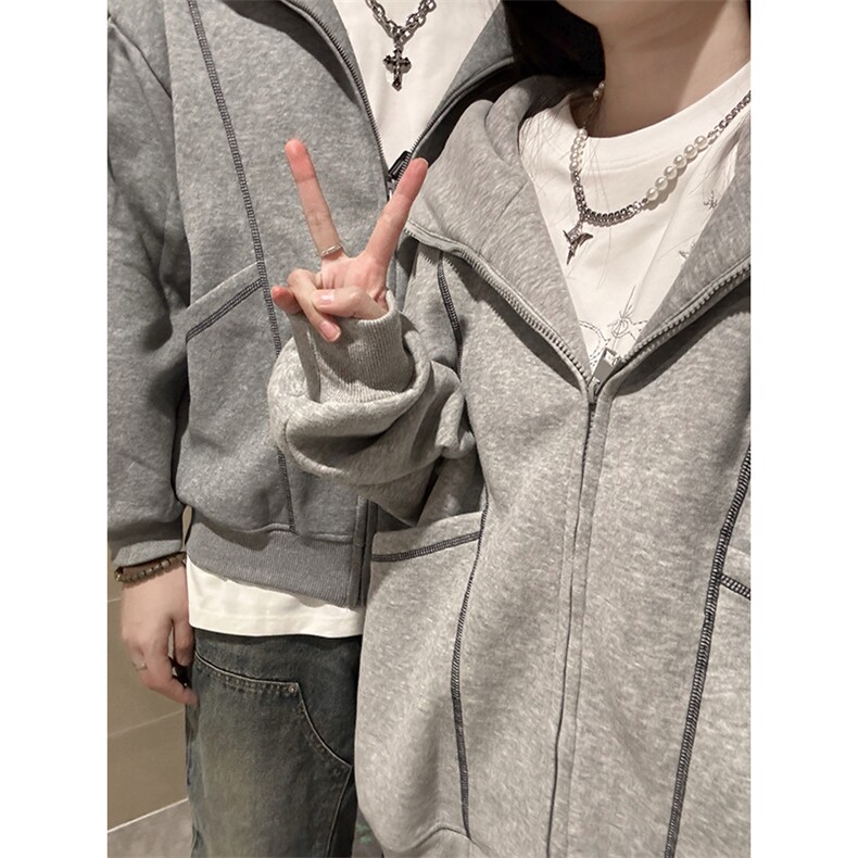 抖音得物高品质秋冬美式高街重磅结构辑明线纹理连帽卫衣外套W111,女装短外套,电商A486-1