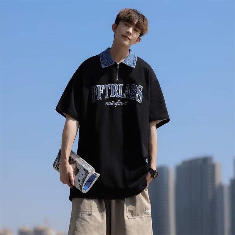 日系五分袖春夏季新款衬衫潮流慵懒男方领牛仔领棉衬衫W13P37图片