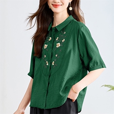 现货刺绣小衫2025夏新款母亲节礼物衬衫女妈妈上衣，女装衬衫，3200格调