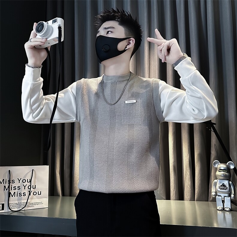 加绒毛衣男针织衫痞帅炸街拼接社会小伙店主风301C-M81-P98-控138,男装针织衫/毛衣,星座301C（原B323）