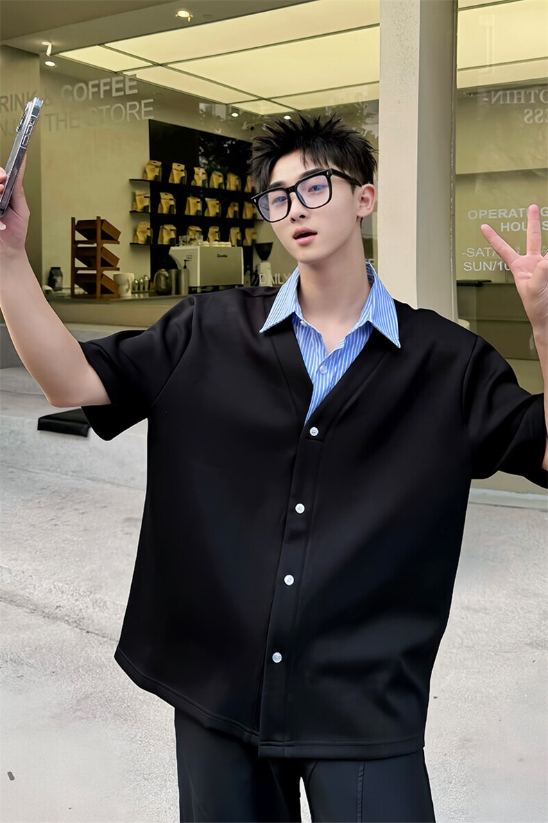2025夏季韩系假两件男士撞色条纹Polo衫小众高级感短袖T恤D01/P75,男装Polo衫,星座305B