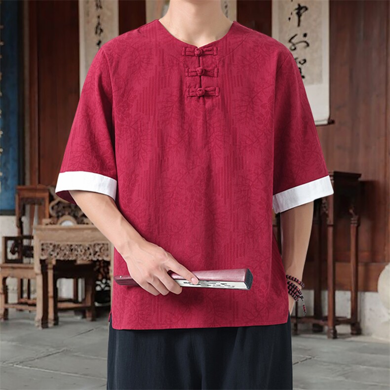 男士衬衫五分袖衬衣中袖印花圆领唐装风 XZ1512-2612-P40图片