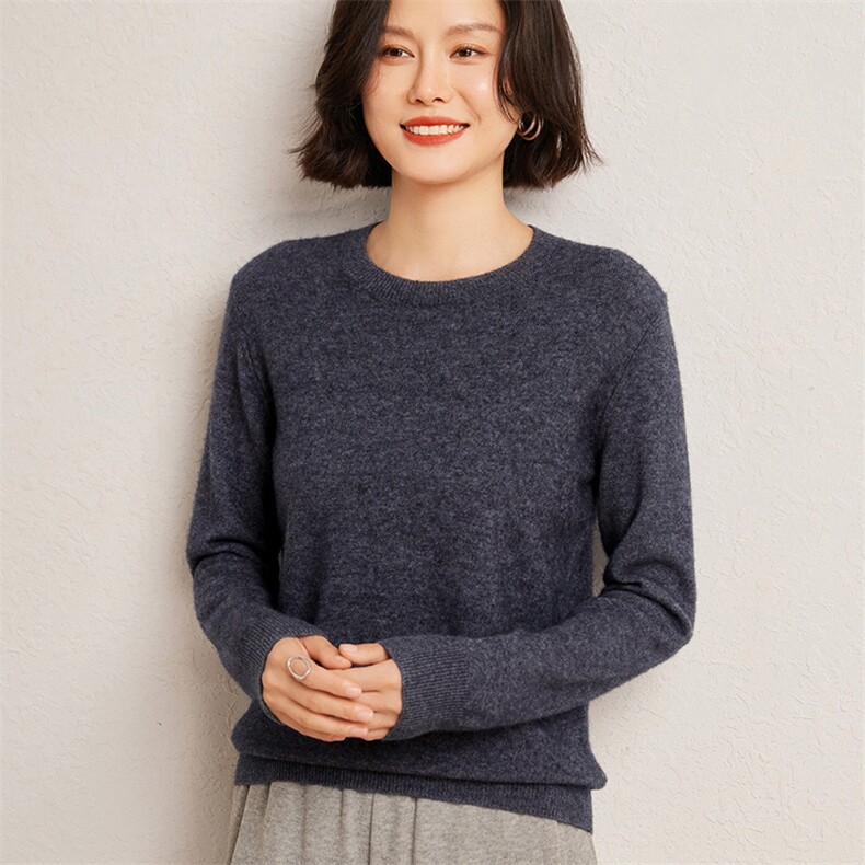 秋冬季35%羊绒65%羊毛休闲百搭12针平面圆领羊绒衫,女装羊绒衫,广悦羊绒