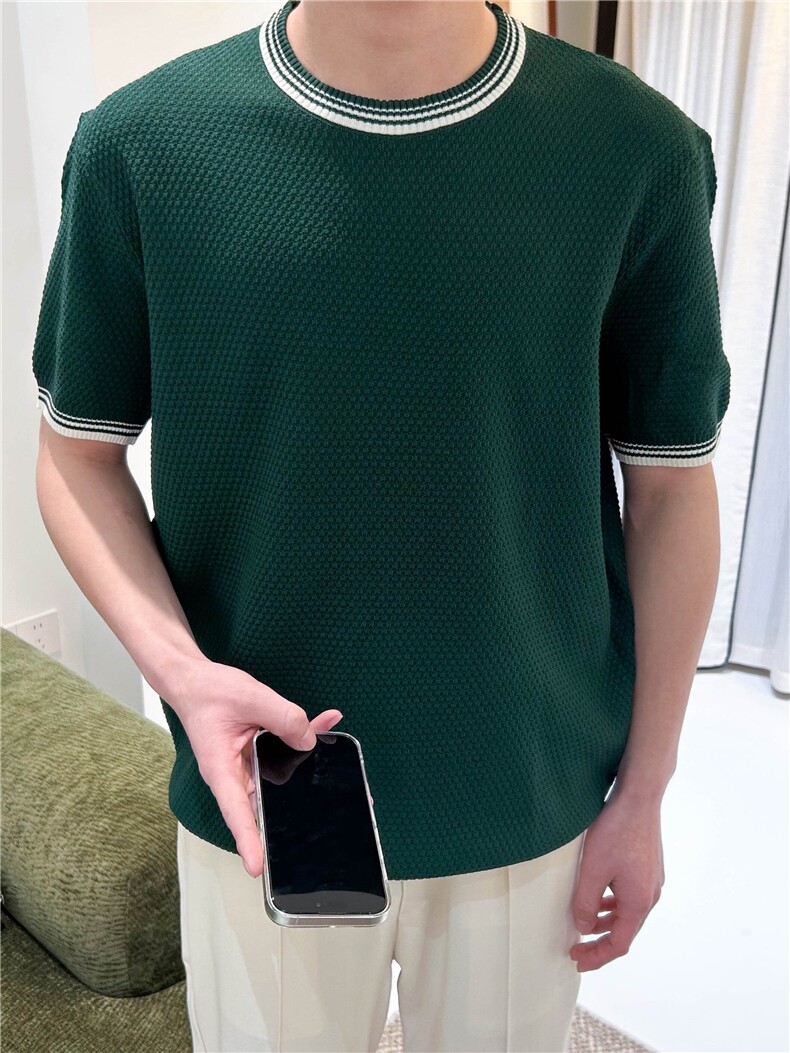 夏季男士冰丝圆领针织衫短袖宽松菠萝格T恤N6720-P50,男装T恤,星座1012-1