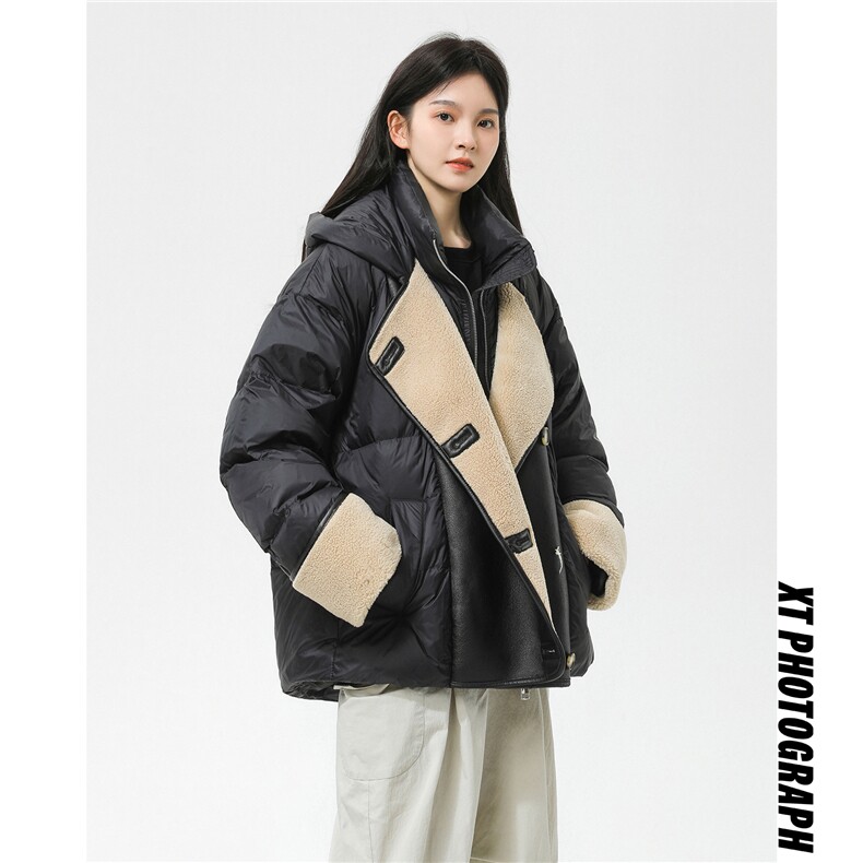 新标90%羽绒羊羔毛拼pu皮假两件连帽女士羽绒服上衣8339/P330,男装皮衣,星座202-3