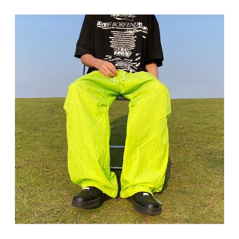 蓝色速干裤子男款夏薄款冰丝透气伞兵裤褶皱设计感直筒阔腿裤，男装休闲裤，星座506A