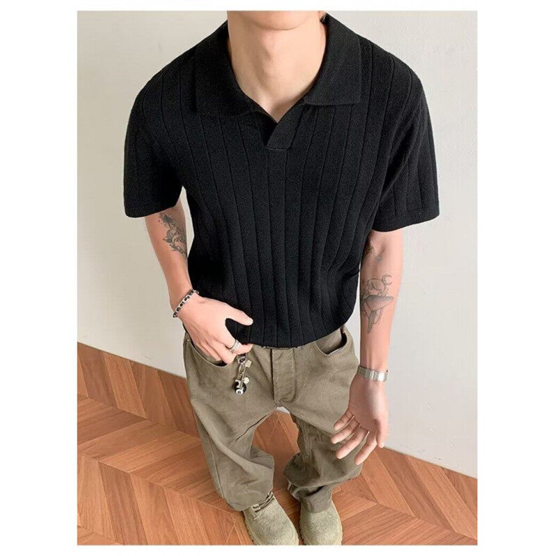 新款老钱风羊毛混纺条纹针织短袖T恤纯色编织坑条V领POLO衫男,男装Polo衫,星座1013