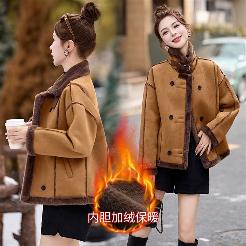 双排扣加绒加厚皮毛一体时尚外套973P145,女装短外套,乐衣轩