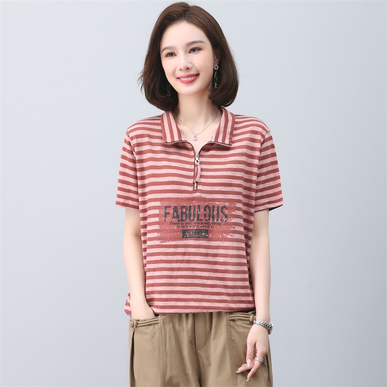 时尚条纹t恤女夏短袖2023新款中年妈妈宽松洋气翻领休闲印花上衣,女装T恤,忆绮罗