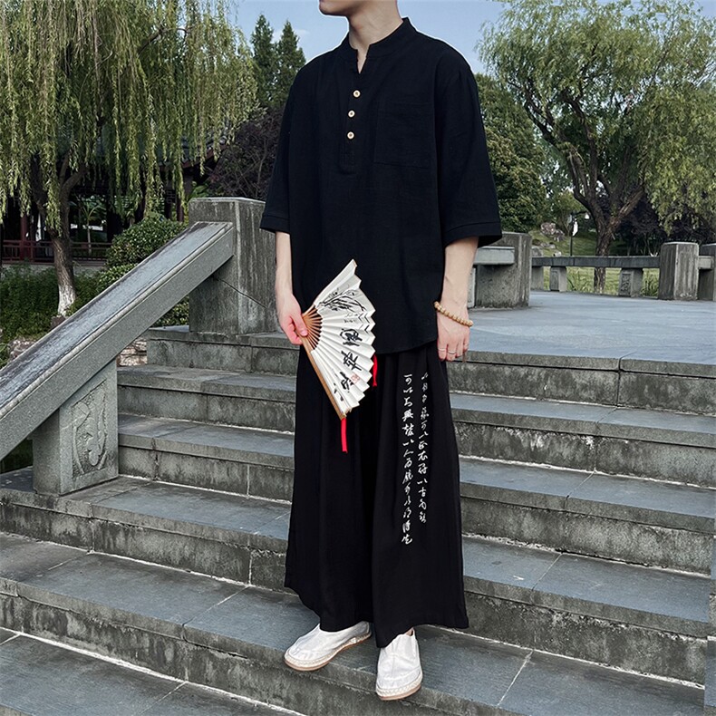 新中式风大码24夏季新款男小立领中袖上衣棉麻MT2301-P45-控68,男装衬衫,电商A021